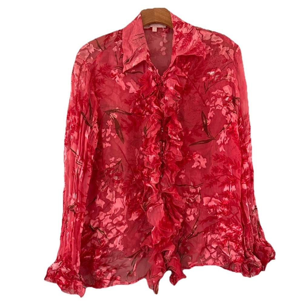 Vtg Issue Y2K  Silk Top L‎ Red Sheer Burnout Fairy Ruffle Whimsical Artsy Blouse
